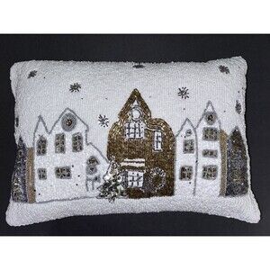 Beaded Holiday Pillow White And Brown 12x18